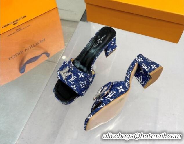 Most Popular Louis Vuitton Shake Heel Slide Sandals 5cm in Monogram Textile and Crystals Denim Blue 012162