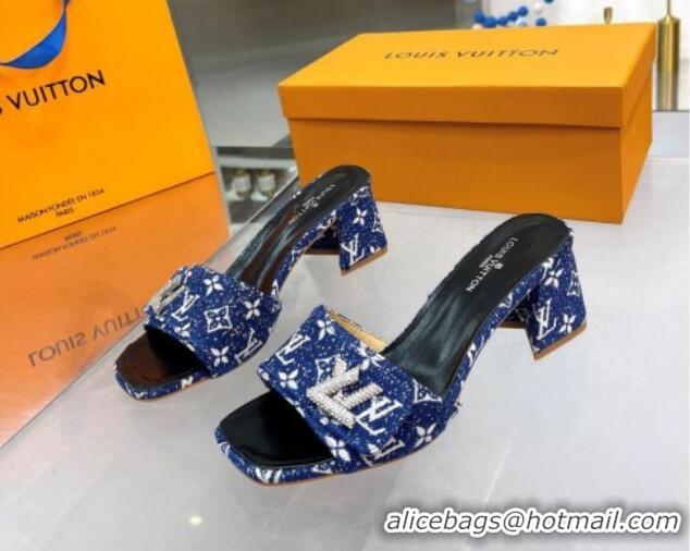 Most Popular Louis Vuitton Shake Heel Slide Sandals 5cm in Monogram Textile and Crystals Denim Blue 012162