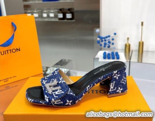 Most Popular Louis Vuitton Shake Heel Slide Sandals 5cm in Monogram Textile and Crystals Denim Blue 012162