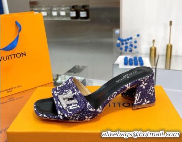 Best Grade Louis Vuitton Shake Heel Slide Sandals 5cm in Monogram Textile and Crystals Purple 012163