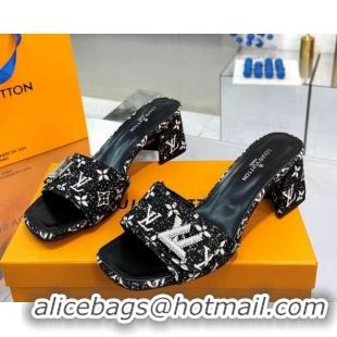 Elegant Louis Vuitton Shake Heel Slide Sandals 5cm in Monogram Textile and Crystals Black 012164