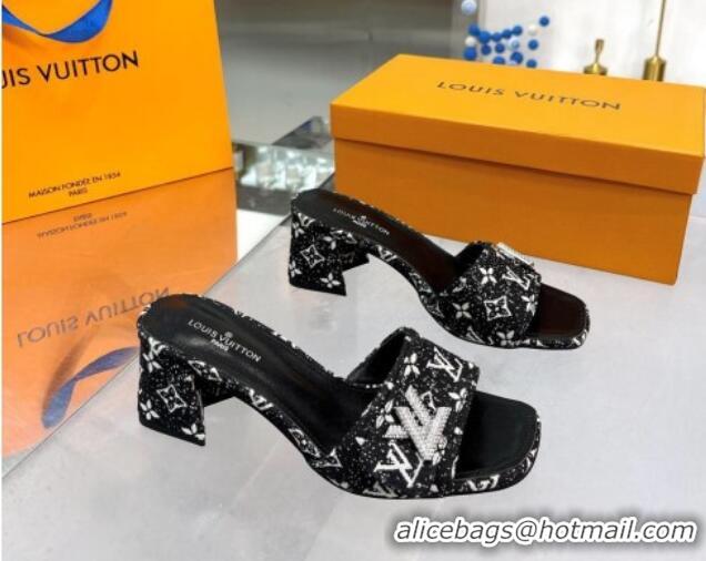 Elegant Louis Vuitton Shake Heel Slide Sandals 5cm in Monogram Textile and Crystals Black 012164