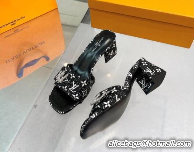 Elegant Louis Vuitton Shake Heel Slide Sandals 5cm in Monogram Textile and Crystals Black 012164