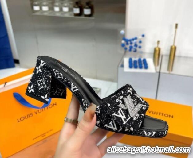 Elegant Louis Vuitton Shake Heel Slide Sandals 5cm in Monogram Textile and Crystals Black 012164