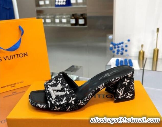 Elegant Louis Vuitton Shake Heel Slide Sandals 5cm in Monogram Textile and Crystals Black 012164