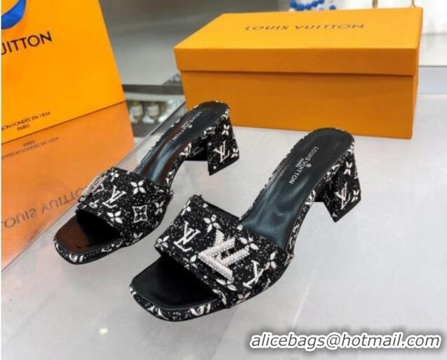 Elegant Louis Vuitton Shake Heel Slide Sandals 5cm in Monogram Textile and Crystals Black 012164