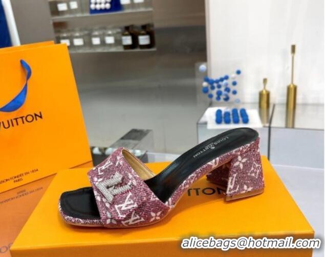 Best Price Louis Vuitton Shake Heel Slide Sandals 5cm in Monogram Textile and Crystals Purple 012165