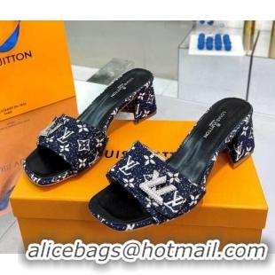 Low Price Louis Vuitton Shake Heel Slide Sandals 5cm in Monogram Textile and Crystals Dark Blue 012166