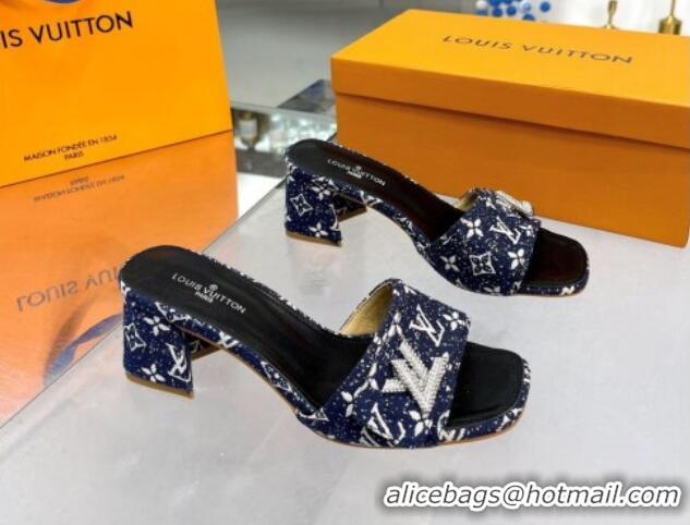 Low Price Louis Vuitton Shake Heel Slide Sandals 5cm in Monogram Textile and Crystals Dark Blue 012166