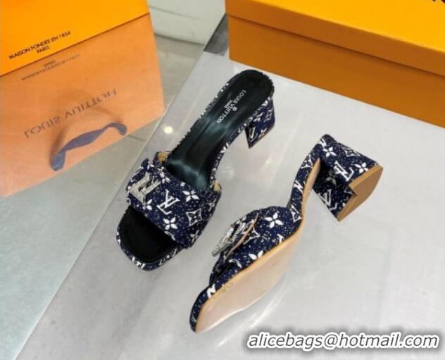 Low Price Louis Vuitton Shake Heel Slide Sandals 5cm in Monogram Textile and Crystals Dark Blue 012166