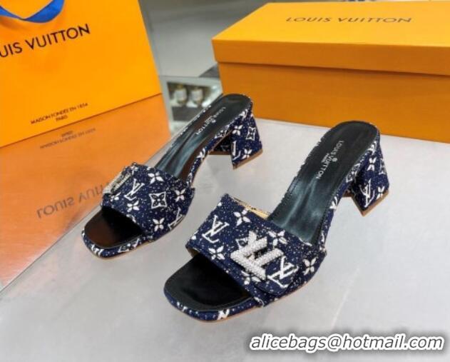 Low Price Louis Vuitton Shake Heel Slide Sandals 5cm in Monogram Textile and Crystals Dark Blue 012166