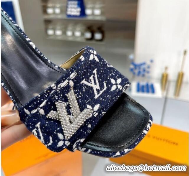 Low Price Louis Vuitton Shake Heel Slide Sandals 5cm in Monogram Textile and Crystals Dark Blue 012166