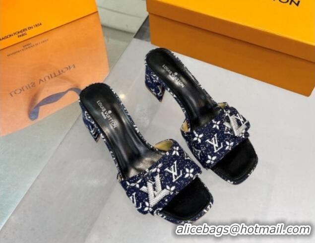 Low Price Louis Vuitton Shake Heel Slide Sandals 5cm in Monogram Textile and Crystals Dark Blue 012166