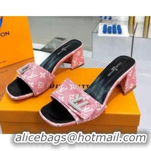 Trendy Design Louis Vuitton Shake Heel Slide Sandals 5cm in Monogram Textile and Crystals Light Pink 012167