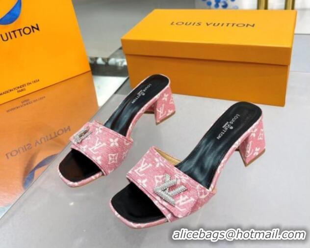 Trendy Design Louis Vuitton Shake Heel Slide Sandals 5cm in Monogram Textile and Crystals Light Pink 012167