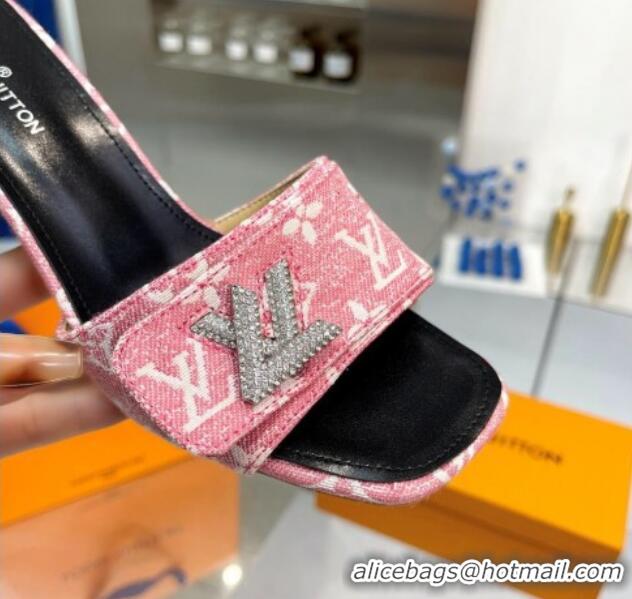 Trendy Design Louis Vuitton Shake Heel Slide Sandals 5cm in Monogram Textile and Crystals Light Pink 012167