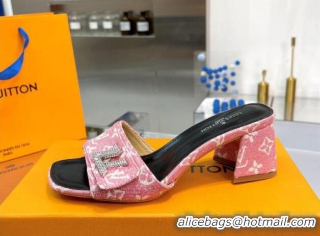 Trendy Design Louis Vuitton Shake Heel Slide Sandals 5cm in Monogram Textile and Crystals Light Pink 012167