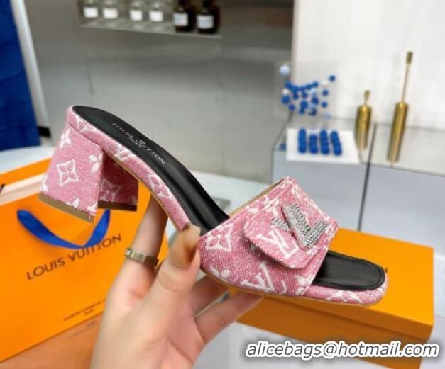 Trendy Design Louis Vuitton Shake Heel Slide Sandals 5cm in Monogram Textile and Crystals Light Pink 012167