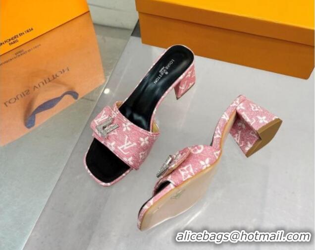 Trendy Design Louis Vuitton Shake Heel Slide Sandals 5cm in Monogram Textile and Crystals Light Pink 012167