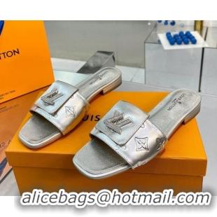 Charming Louis Vuitton Monogram Leather Flat Slide Sandals with Foldover Crystals LV Silver 013001