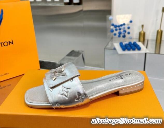 Charming Louis Vuitton Monogram Leather Flat Slide Sandals with Foldover Crystals LV Silver 013001