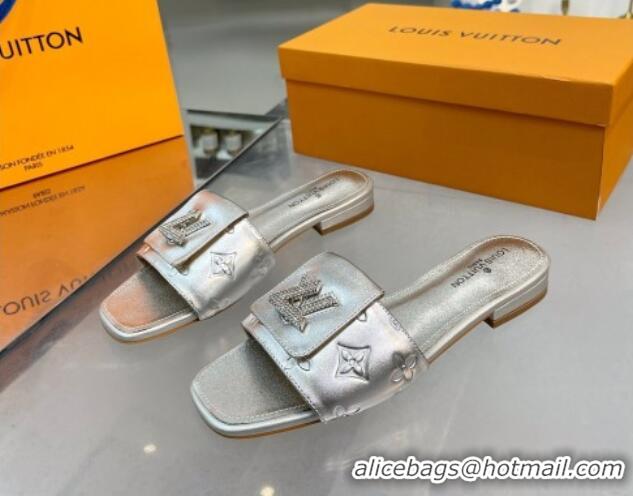 Charming Louis Vuitton Monogram Leather Flat Slide Sandals with Foldover Crystals LV Silver 013001