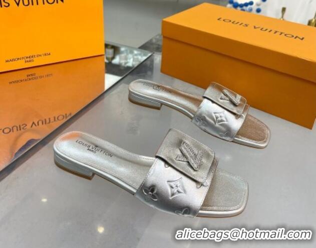 Charming Louis Vuitton Monogram Leather Flat Slide Sandals with Foldover Crystals LV Silver 013001