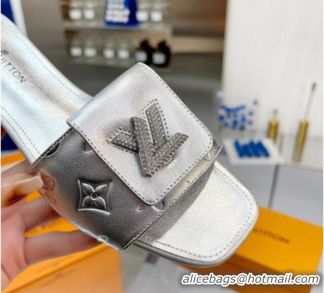 Charming Louis Vuitton Monogram Leather Flat Slide Sandals with Foldover Crystals LV Silver 013001