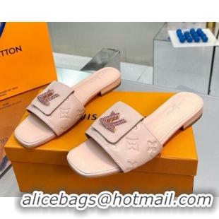 Perfect Louis Vuitton Monogram Leather Flat Slide Sandals with Foldover Crystals LV Light Pink 013002