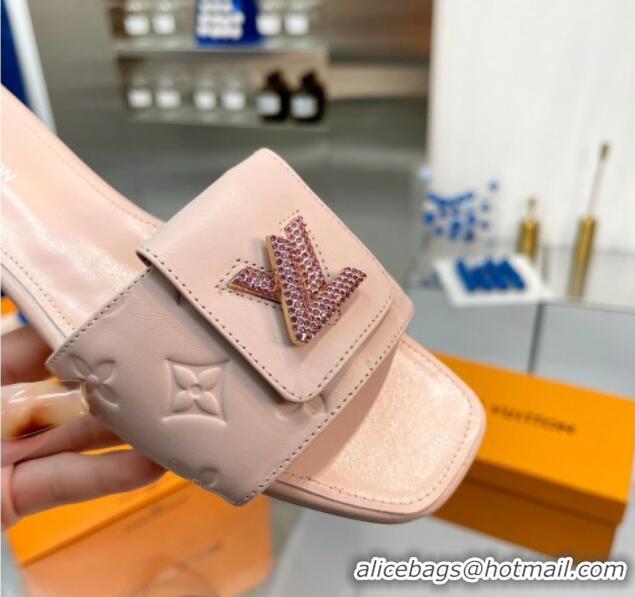 Perfect Louis Vuitton Monogram Leather Flat Slide Sandals with Foldover Crystals LV Light Pink 013002