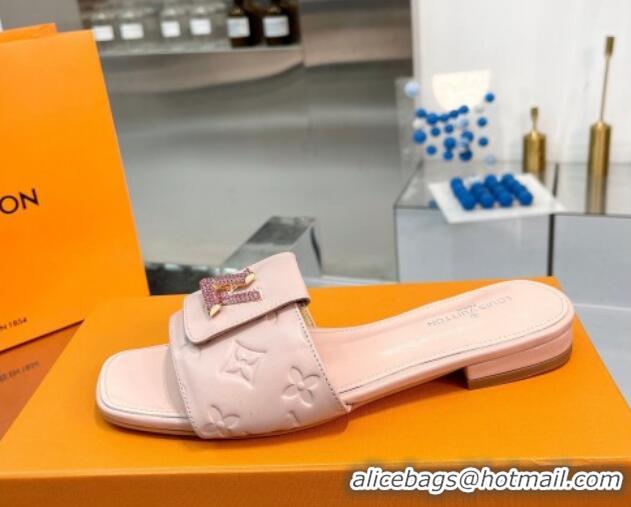 Perfect Louis Vuitton Monogram Leather Flat Slide Sandals with Foldover Crystals LV Light Pink 013002