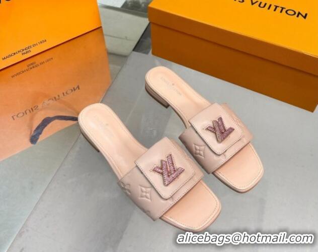 Perfect Louis Vuitton Monogram Leather Flat Slide Sandals with Foldover Crystals LV Light Pink 013002