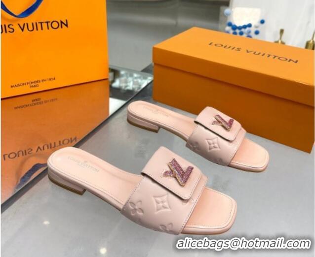 Perfect Louis Vuitton Monogram Leather Flat Slide Sandals with Foldover Crystals LV Light Pink 013002