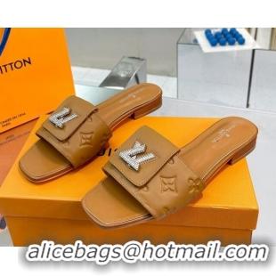 Comfortable Louis Vuitton Monogram Leather Flat Slide Sandals with Foldover Crystals LV Brown 013003