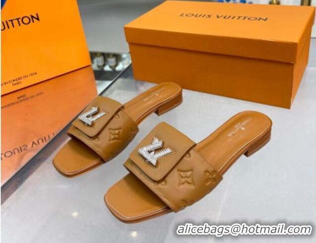 Comfortable Louis Vuitton Monogram Leather Flat Slide Sandals with Foldover Crystals LV Brown 013003