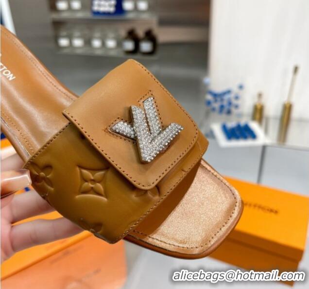 Comfortable Louis Vuitton Monogram Leather Flat Slide Sandals with Foldover Crystals LV Brown 013003