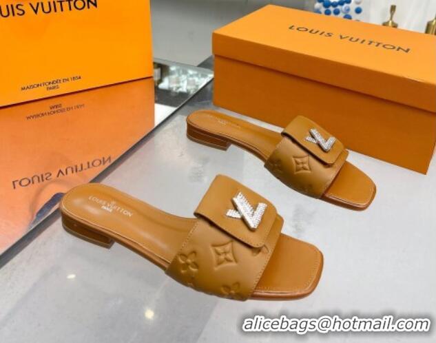 Comfortable Louis Vuitton Monogram Leather Flat Slide Sandals with Foldover Crystals LV Brown 013003