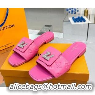 Good Quality Louis Vuitton Monogram Leather Flat Slide Sandals with Foldover Crystals LV Dark Pink 013004