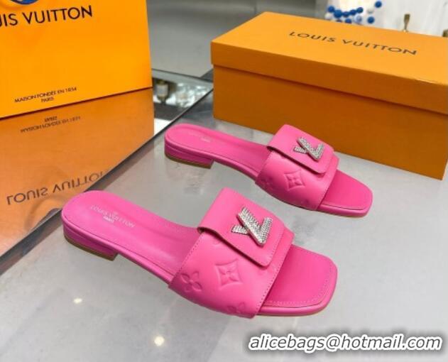 Good Quality Louis Vuitton Monogram Leather Flat Slide Sandals with Foldover Crystals LV Dark Pink 013004