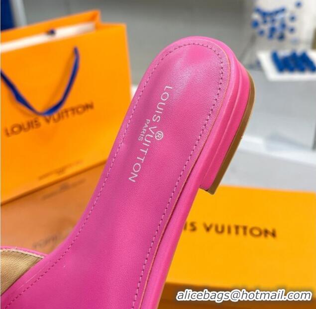 Good Quality Louis Vuitton Monogram Leather Flat Slide Sandals with Foldover Crystals LV Dark Pink 013004