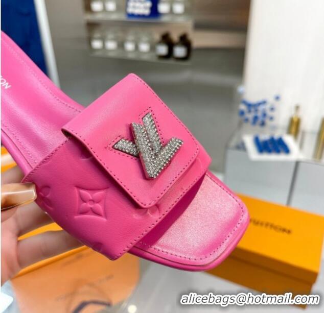 Good Quality Louis Vuitton Monogram Leather Flat Slide Sandals with Foldover Crystals LV Dark Pink 013004