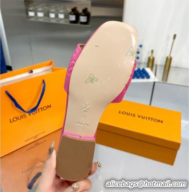 Good Quality Louis Vuitton Monogram Leather Flat Slide Sandals with Foldover Crystals LV Dark Pink 013004