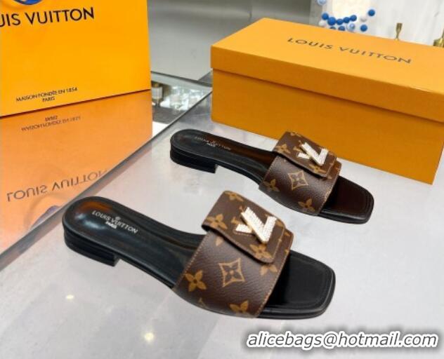 Super Quality Louis Vuitton Monogram Canvas Flat Slide Sandals with Foldover Crystals 013005