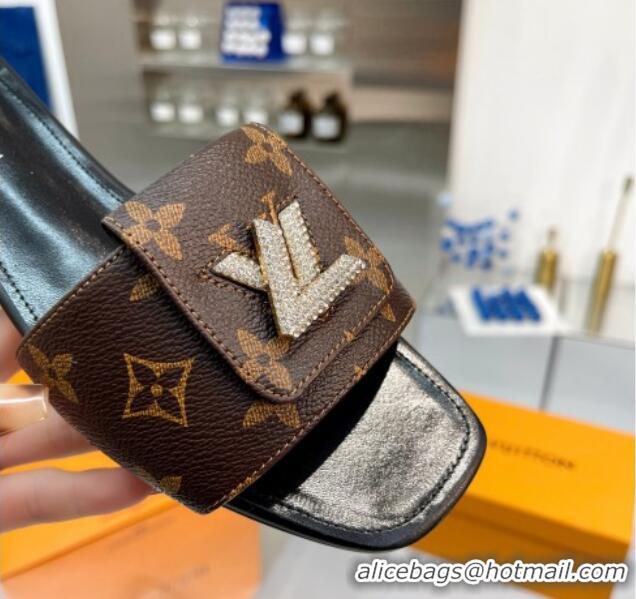 Super Quality Louis Vuitton Monogram Canvas Flat Slide Sandals with Foldover Crystals 013005