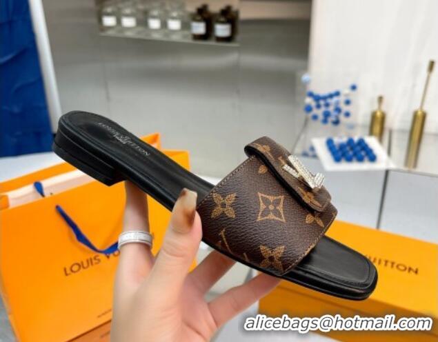 Super Quality Louis Vuitton Monogram Canvas Flat Slide Sandals with Foldover Crystals 013005