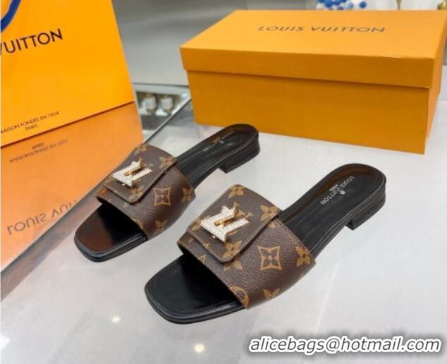 Super Quality Louis Vuitton Monogram Canvas Flat Slide Sandals with Foldover Crystals 013005