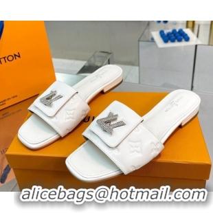 Good Taste Louis Vuitton Monogram Leather Flat Slide Sandals with Foldover Crystals LV White 013006