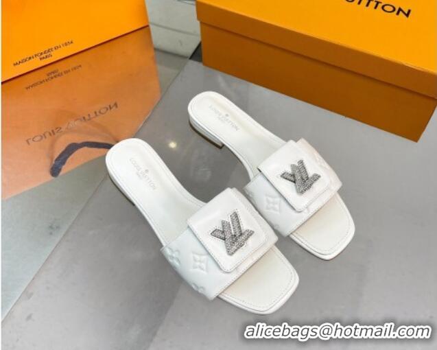 Good Taste Louis Vuitton Monogram Leather Flat Slide Sandals with Foldover Crystals LV White 013006