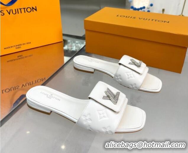 Good Taste Louis Vuitton Monogram Leather Flat Slide Sandals with Foldover Crystals LV White 013006