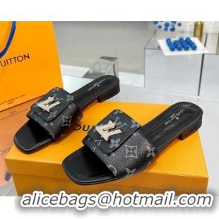 Best Louis Vuitton Monogram Canvas Flat Slide Sandals with Foldover Crystals LV Black 1013007